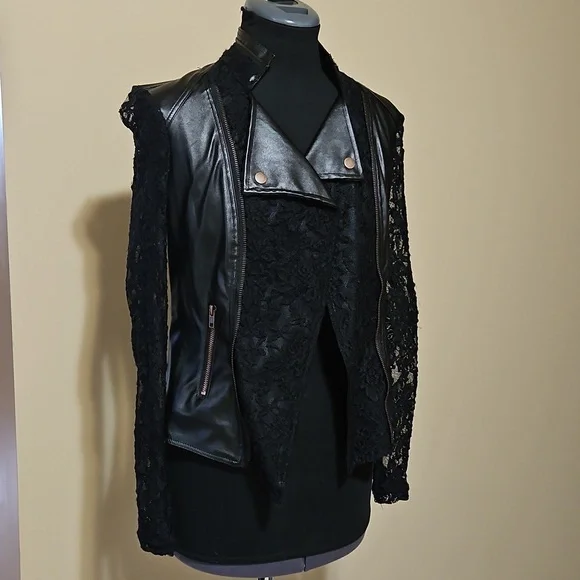 Streetwear Society Black Faux Leather Lace Insert Moto Jacket Small - Picture 3 of 15